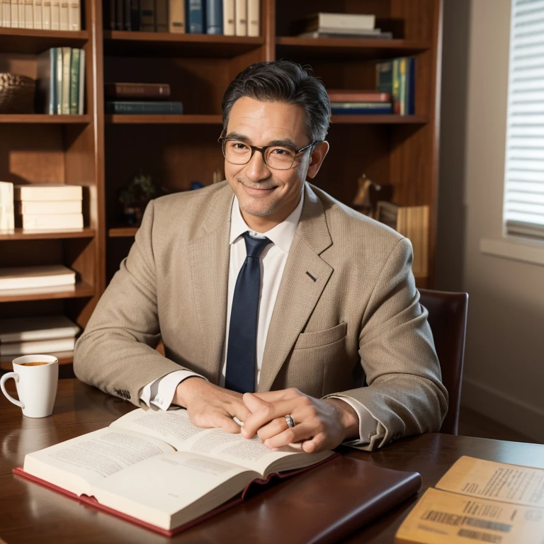 Sunlight fills the room,A wise 40-year-old man,Wearing glasses,Wear the best quality suit,Textured tie,Smile at you,Short inch head,Beautiful bookshelf background,There is a fragrant coffee cup on the table,The room was big,High quality office desk,The room is stylish and cozy,Full of affinity,The whole picture looks particularly comfortable。