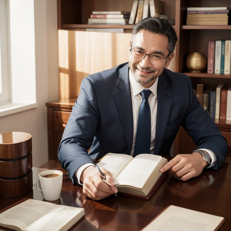 Sunlight fills the room，A wise 40-year-old man，Wearing glasses，Wear the best quality suit，Textured tie，Smile at you，Short inch head，Beautiful bookshelf background，There is a fragrant coffee cup on the table，The room was big，High quality office desk，The room is stylish and cozy，Full of affinity，The whole picture looks particularly comfortable。