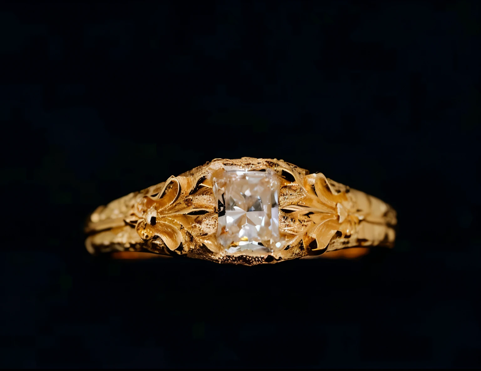 Close-up of gold ring with diamonds, jewelry photography, Gorgeous white diamonds, hey, 4 0 9 6, gold jewelry filigree, 1910, 1 9 1 0, Gilded gold and diamonds, 1908, Magic ring with diamonds, 1 9 0 9, the ring is horizontal, intricate gold elements