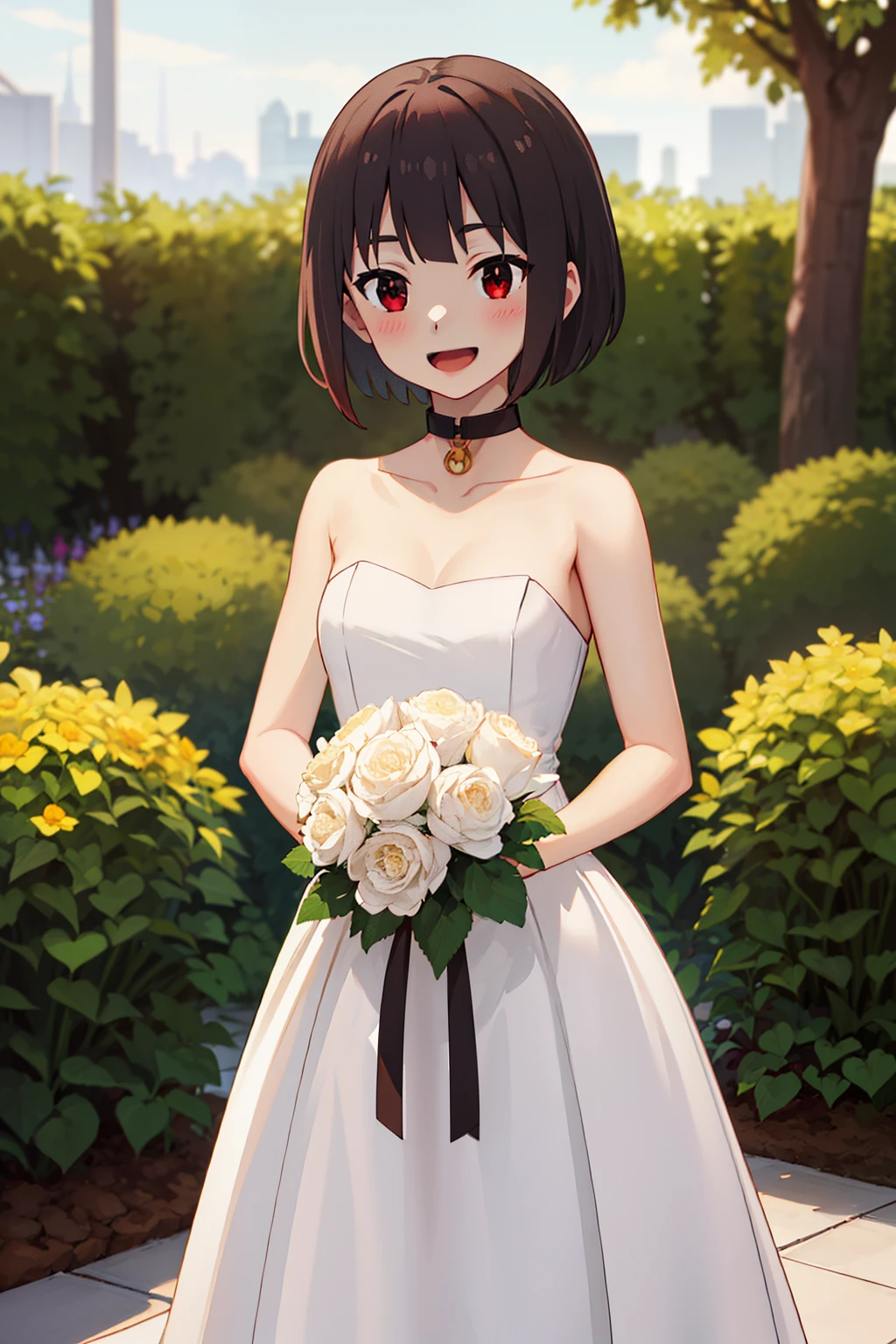 masterpiece, best quality, highres, aarurutie,1girl, wedding dress, white dress, standing, garden, smile, open mouth, short black shine hair, red eyes, red choker