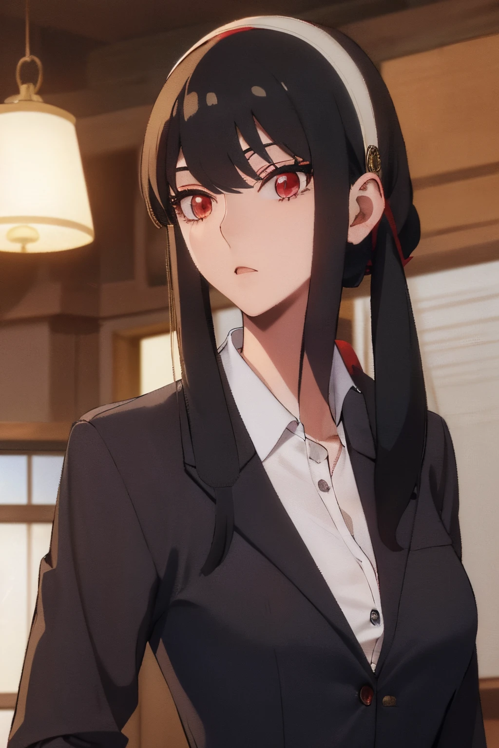 top-quality、​masterpiece、hight resolution、1girl in、A slender、 Bangs、side locks、shairband、 (Red Eyes:1.5)、Yellow Hairband、Black hair、Black hair、耳Nipple Ring、Business suits、Office Suits