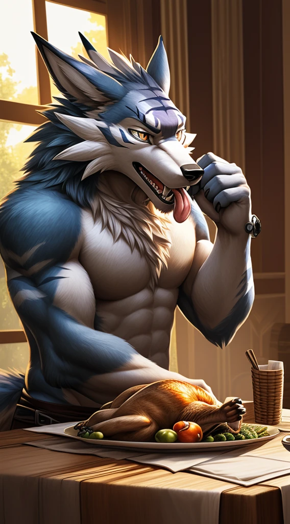 ((nj5furry, solo, masterpiece, chest level shot, hungry, tongue licking teeth, (anthro), looking at object, high resolution, 4K, photorealistic)), male, adult, ((weregarurumon, detailed fluffy fur, extremely detailed, paws, wolf tail)), gold eyes, high contrast, dynamic composition, ((behind a table, prepared turkey set on table, house background, daylight, windows, digivice on table))