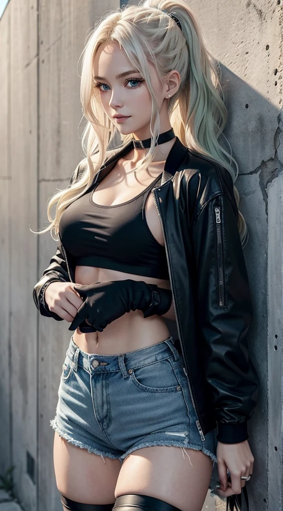 A 23-year-old white woman with unparalleled beauty.、the skin is very white、blue eyess、platinum-blonde、hair is wavy、Longhaire、The ends of the hair are curled upwards、The place is a pale green color.々I&#39;m in front of a bare concrete wall、a smile、wearing black tanktop、wearing a black choker、I&#39;m wearing hot pants made of jeans fabric with tight distressing.、The navel is out、My abs are cracked、Slender but well-proportioned muscular body with big breasts、sunlight is shining from above、Photorealistic images、8K picture quality、I&#39;m punching my chest、I don&#39;t want my head to disappear from the screen.、The color of the jacket is random、I&#39;m wearing a scrunchie on my wrist、I'm wearing stockings、He wears a black opera glove on his right hand.、I&#39;m wrapping my jacket around my waist、my hair is blowing in the wind、You have both hands in your jacket pockets.