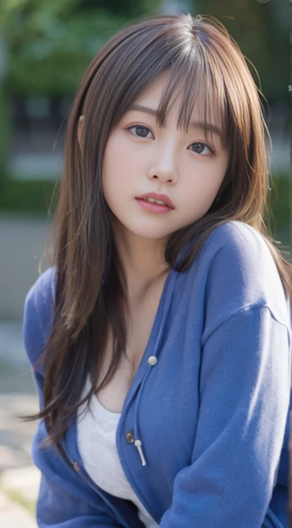 masterpiece、highest quality、16K、soft light、professional lighting、Pale shading、Weak contrast、Japanese、beautiful girl、daytime office、Window seat、sitting in front of the computer、Tight cashmere sweater that clings to the breasts、navy pleated skirt、micro mooth and beautiful thighs:1.6)、(small breast:1.0)、Faint cleavage、fine and beautiful eyes、(cute hanging eyes)、(thin eyebrows)、(thin lips)、gentle smile、(long wavy hair、high ponytail),(The bangs are see-through bangs)、