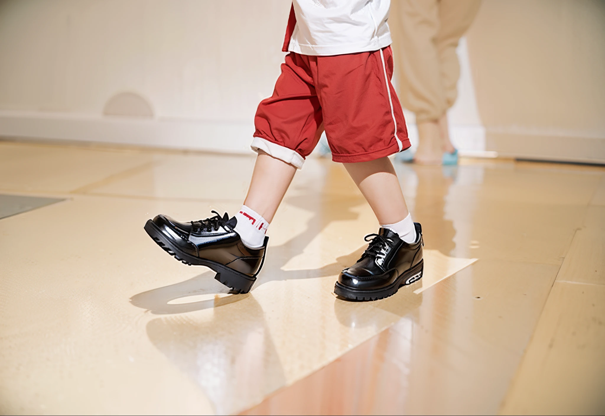 REALISTIC LEG CHILD, boy, wearing black shoes, small red pants
