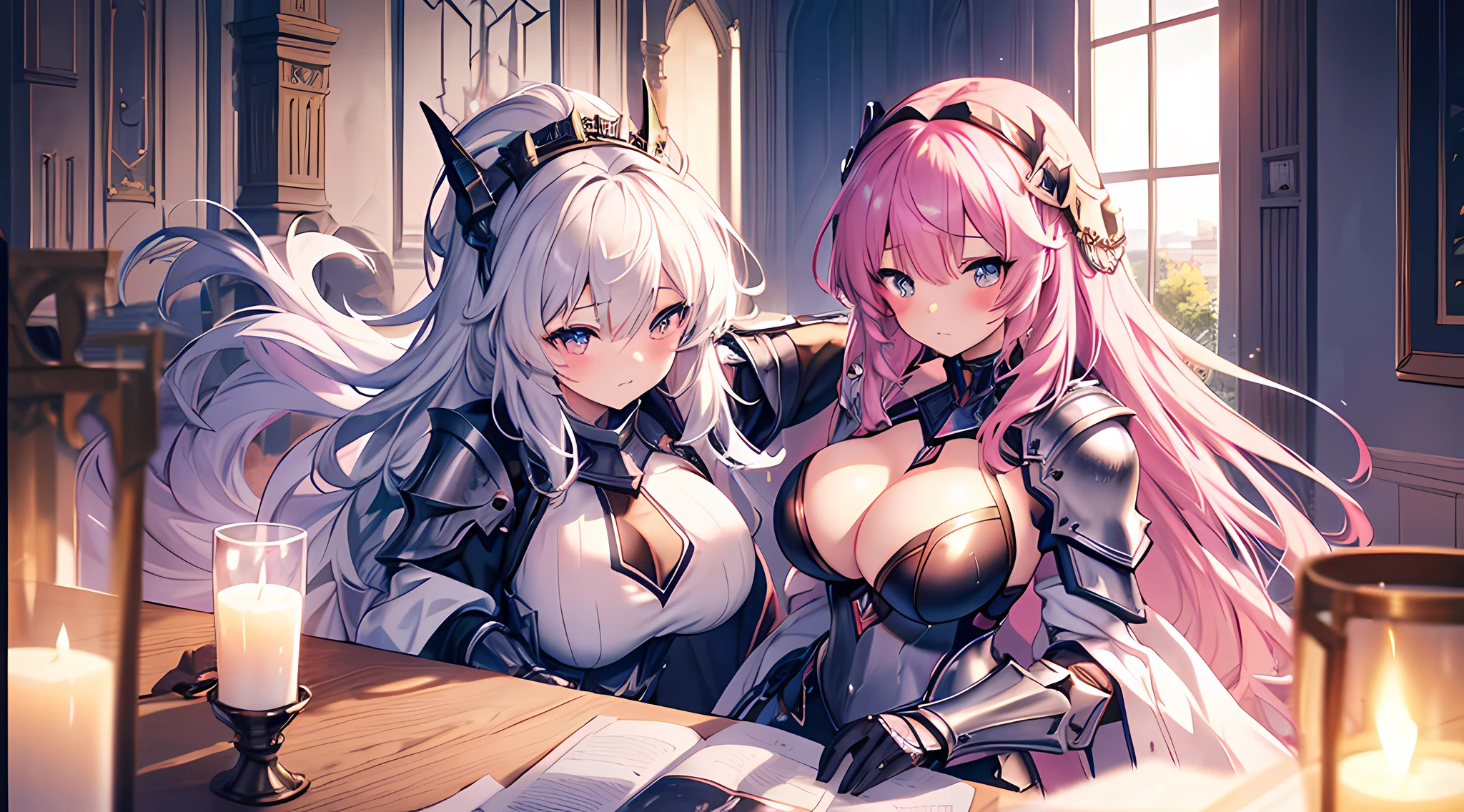 anime girl with big breast posing in a castle, (armored knight outfit, nekomimi, beautiful eyes finely detailed, blushed face), seductive anime girl, smooth anime cg art, oppai, anime moe artstyle, girl in armored knight outfit, [ 4 k digital art ]!!, thicc, cute anime waifu in a armored knight outfit, (sfw) safe for work, fluffy chest, marin kitagawa fanart, attractive anime girl