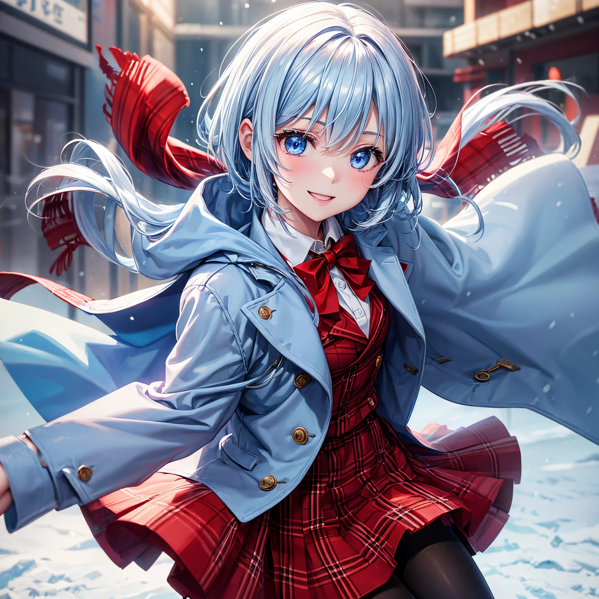 one girls、animations、snowscape、winter sky、short-hair、pale blue hair、blue eyess、coat、blazers、(Plain white shirt)、(red bowtie)、(Red plaid skirt)、Black stockings、A smile、red tide、hightquality、best qualtiy、