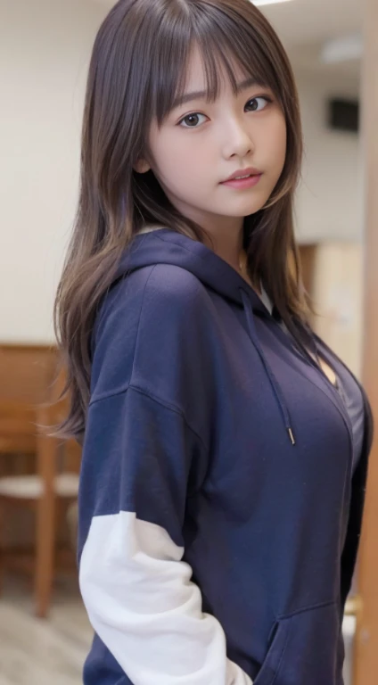 Smile、natta、Raw photography、(((Portrait of extreme beauty)))、((glistning skin))、女の子1人、17-year-old beautiful girl in Prague、bright expression、((brown haired))、(Show cleavage)、(oversized hoodie)、[Big blue eyes that shine like jewels]、Glossy glossy skin、Silky long straight hair、eye liner、Beautiful bangs、Hair between the eyes、((​masterpiece、top-quality、ultra-detailliert、Film Light、intricate-detail、hight resolution、ighly detailed))、细致背景、8KUHD、Digital SLR、Soft light、hightquality、Film grain、FujifilmXT3 、Shallow depth of field、natural soft light、Kamimei、beutiful breast、cowboy  shot