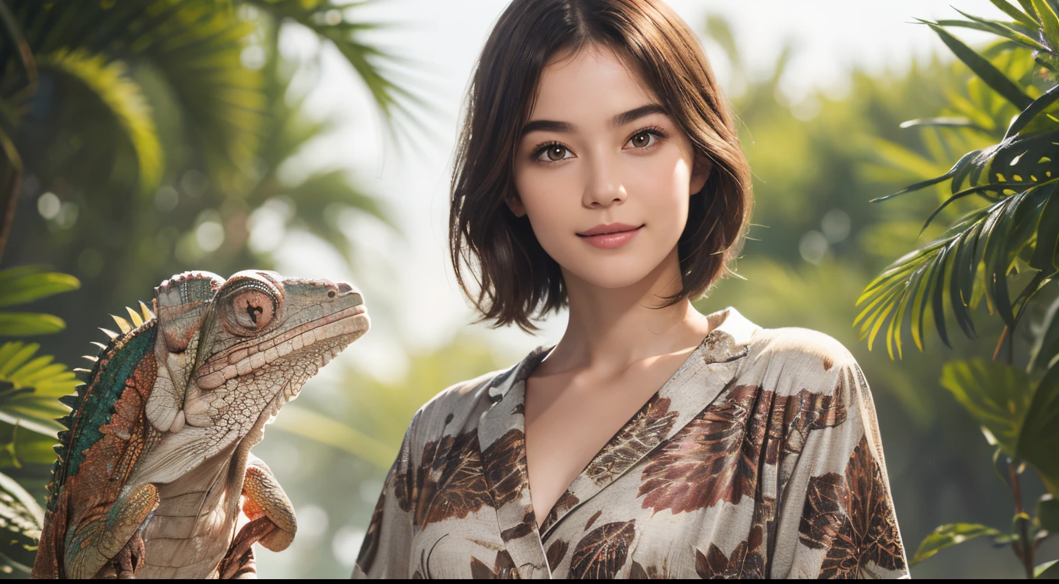 112
(a 20 yo woman,is standing), (A hyper-realistic), (high-level image quality), ((beautiful hairstyle 46)), ((short-hair)), (Gentle smile), (breasted:1.1), (wildlife print clothing), (There is a chameleon)