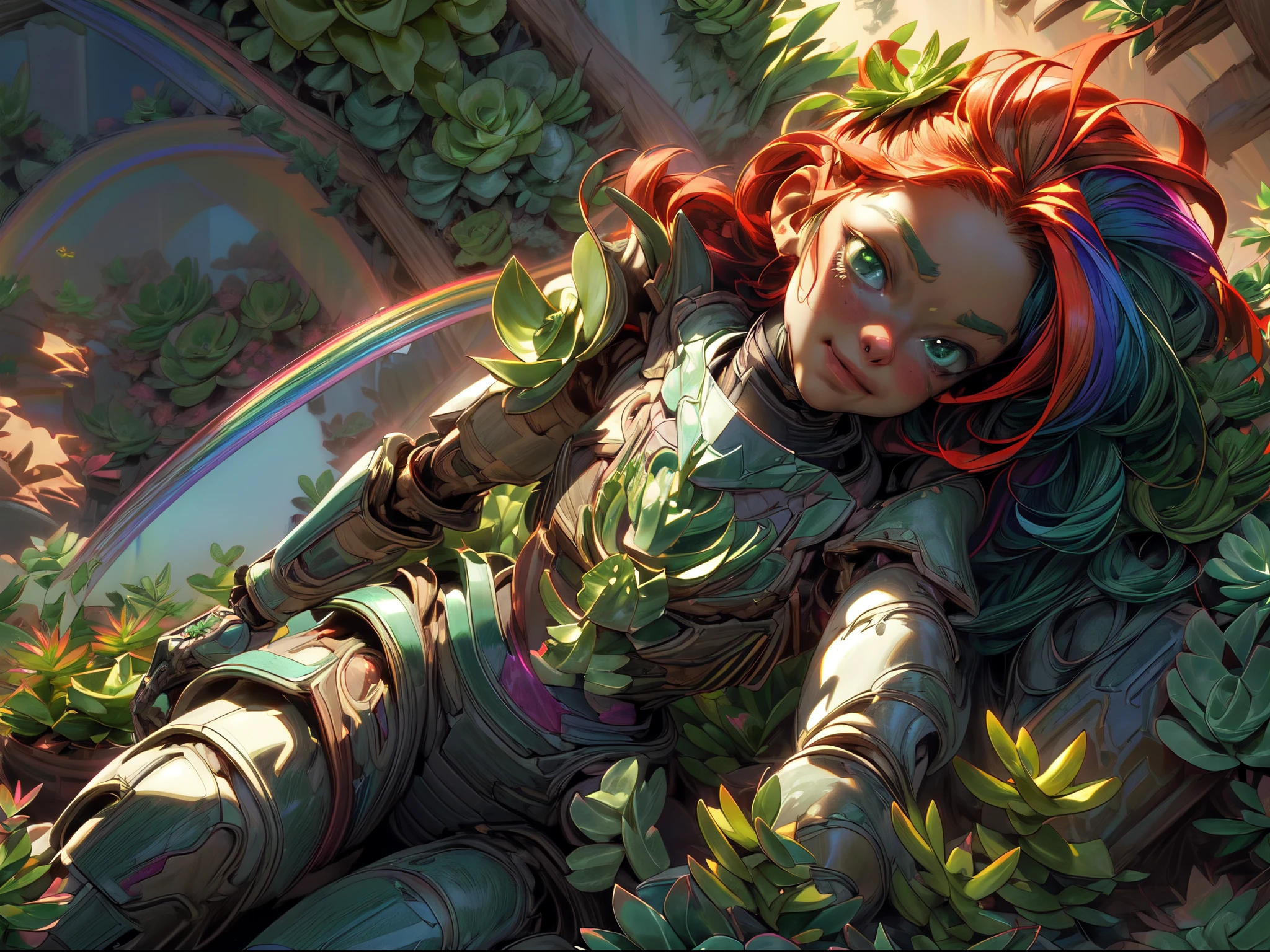 a picture of a mecha woman resting in a rainbow colored succulents meadow, full body, an exquisite beautiful (ultra detailed, Masterpiece, best quality: 1.4) female mecha woman, dynamic angle (best detailed, Masterpiece, best quality), best detailed face (best detailed, Masterpiece, best quality: 1.5), ultra feminine (best detailed, Masterpiece, best quality), red hair, long hair, braided hair, dynamic eyes color, (wearing mecha armor: 1.4), resting in (rainbow colored succulents meadow: 1.6), full colored, (perfect spectrum: 1.3),( vibrant work: 1.4) vibrant shades of red, orange, yellow, green, blue, indigo, violet  day light, sun rising,  high details, fantasy art, RPG art best quality, 16k, [ultra detailed], masterpiece, best quality, (ultra detailed), full body, ultra wide shot, photorealistic, mecha musume