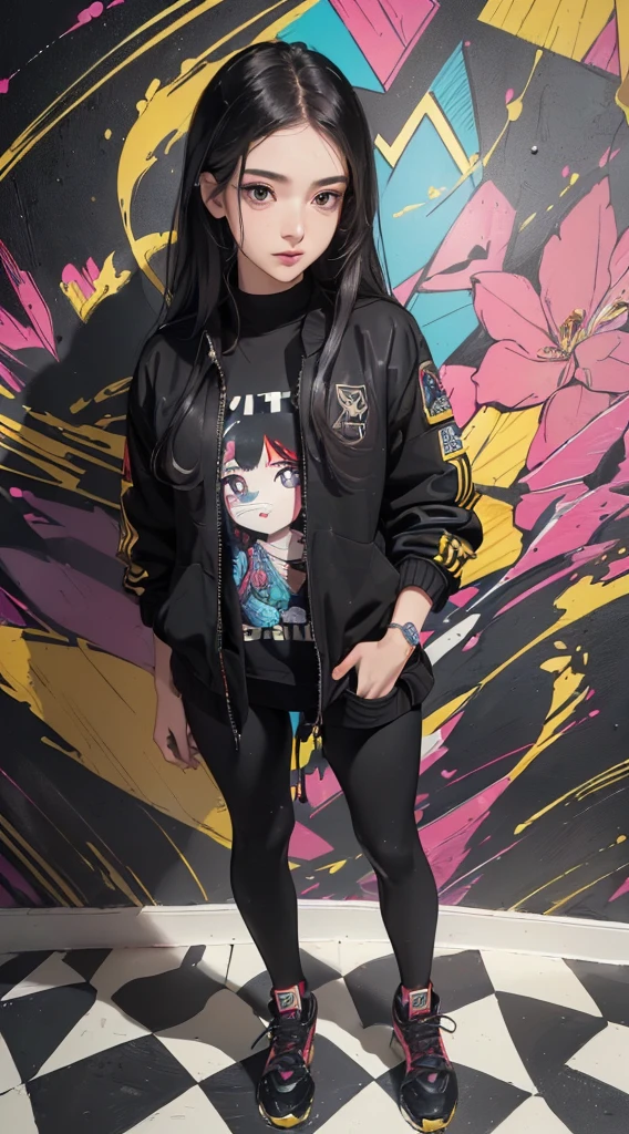 (((8k wallpaper of extremely detailed CG unit:1.2, ​masterpiece, hight resolution:1.2, top-quality:1.2, masutepiece))), ((a very beautiful woman, Hands in pockets:1.8, Grunge Fashion:1.2, wear a blouson:1.2, Wearing leggings, Wearing shoes)), ((extra detailed face, Highly detailed black eyes, extra detailed body, Top quality real texture skins)), (A dark-haired, length hair, de pele branca), ((colorful geometric pattern wall, surrounded by colorful walls)), (high-angle:1.2, a closeup, Fisheye:1.3), hyper realisitic, digitial painting,