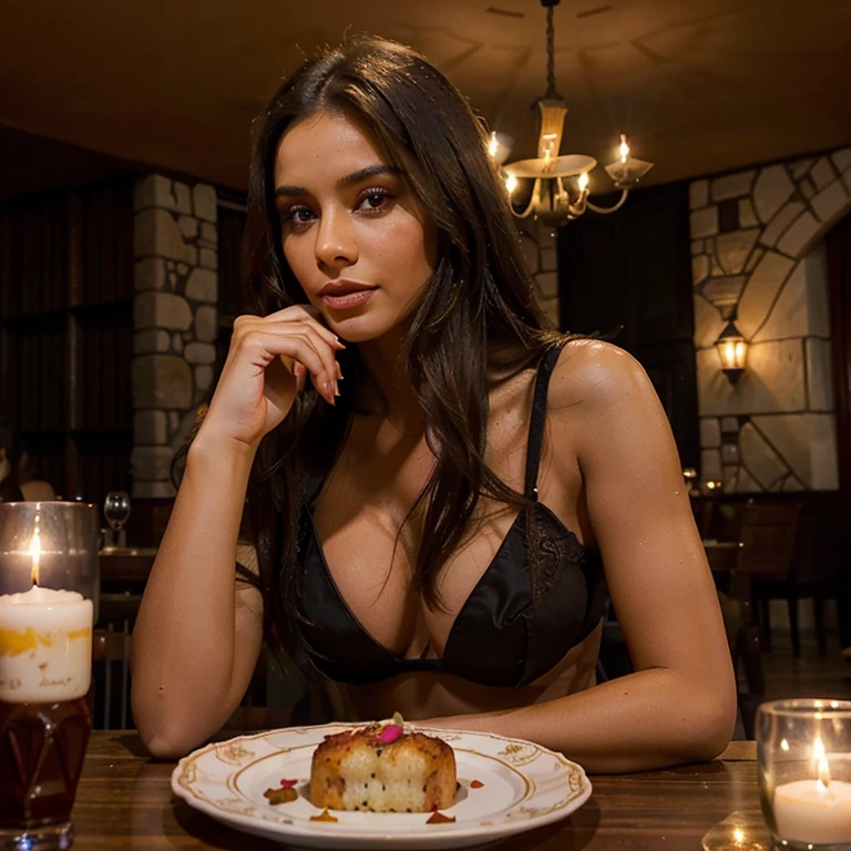A sexy brunette influencer enjoying a romantic, Cena a la luz de las velas en un acogedor restaurante en la azotea de Santiago de chile, exudes elegance and passion. Copa F. Ojos claros. dark skin.