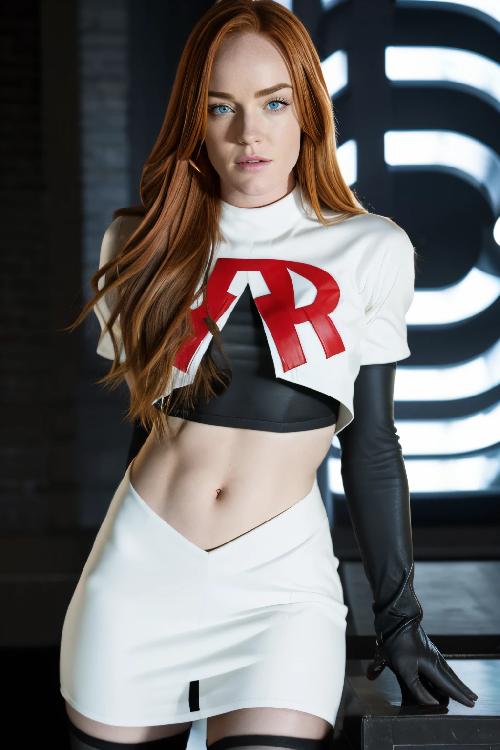 face of Caity Lotz, 1girl,team rocket,team rocket uniform, red letter R, white skirt,white crop top,black thigh-highs,black elbow gloves