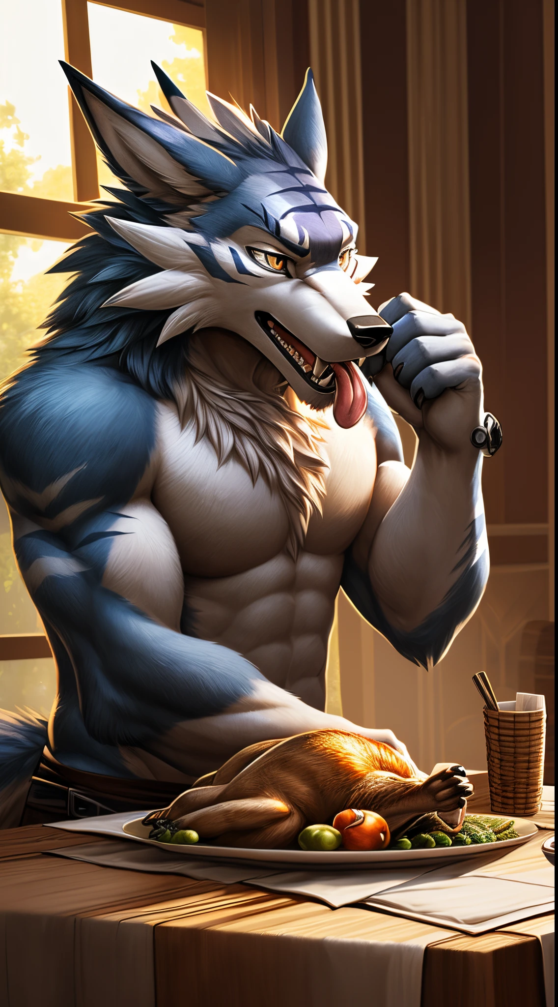 ((nj5furry, solo, masterpiece, chest level shot, hungry, tongue licking teeth, (anthro), looking at object, high resolution, 4K, photorealistic)), male, adult, ((weregarurumon, detailed fluffy fur, extremely detailed, paws, wolf tail)), gold eyes, high contrast, dynamic composition, ((behind a table, prepared turkey set on table, house background, daylight, windows, digivice on table))