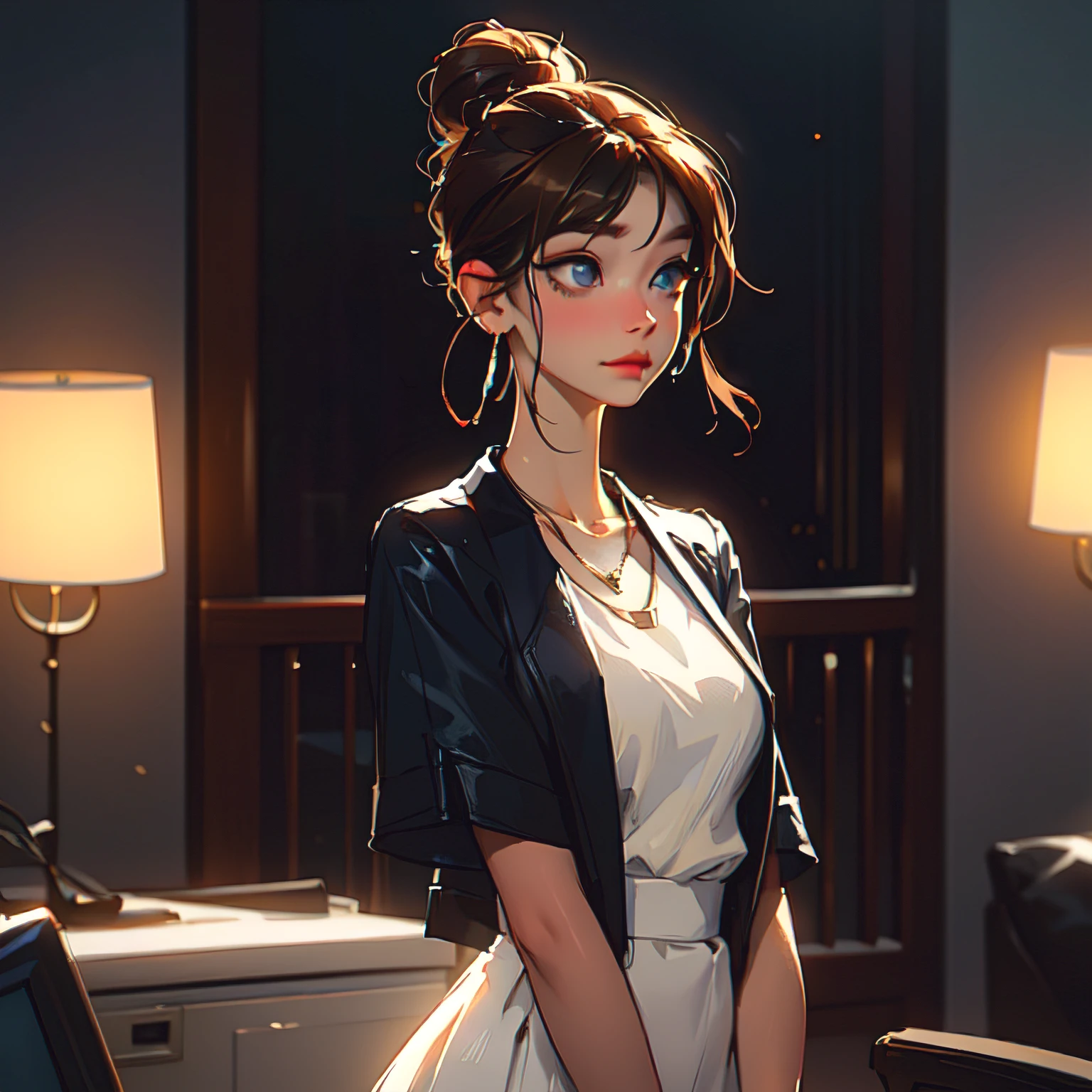 Best Quality, Masterpiece, niji style hight resolution, 1girl,Chinese dress,hair ornament,necklace, Jewelry,beatiful face,UPON_body, Tyndall effect,Photorealistic, dark studio, rim lighting, dual tone lighting,(high skin detail:1.2), 8K UHD, dslr, soft-lighting, hiquality, voluminous lighting, candid, a photo of a, High Resolution, 4k, 8K, bokeh, The environment is blurry and elegant, Model, High contrast required, jewels, earings, Upskirt, Shirt, jacket, brown hair, white shirt, A bracelet, hair bun, single hair bun, long skirt, closed mouth, Hoop earrings, blue jacket, sleeves rolled up, Revealing clothes, makeup, white skirt, Detailed hair, very detailed eyes, 3DDM