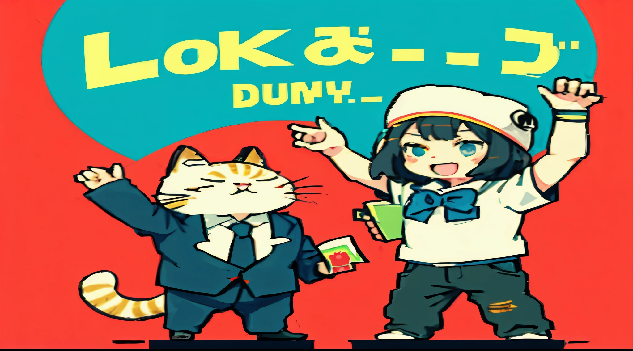 A cartoon drawing，Two people with a cat and a dog, shouting and jumping with joy, sign above finger, lolstyle, Japanese cartoon, Collegiate style, In a Japanese anime style,  Japan cartoon style, style of anime,