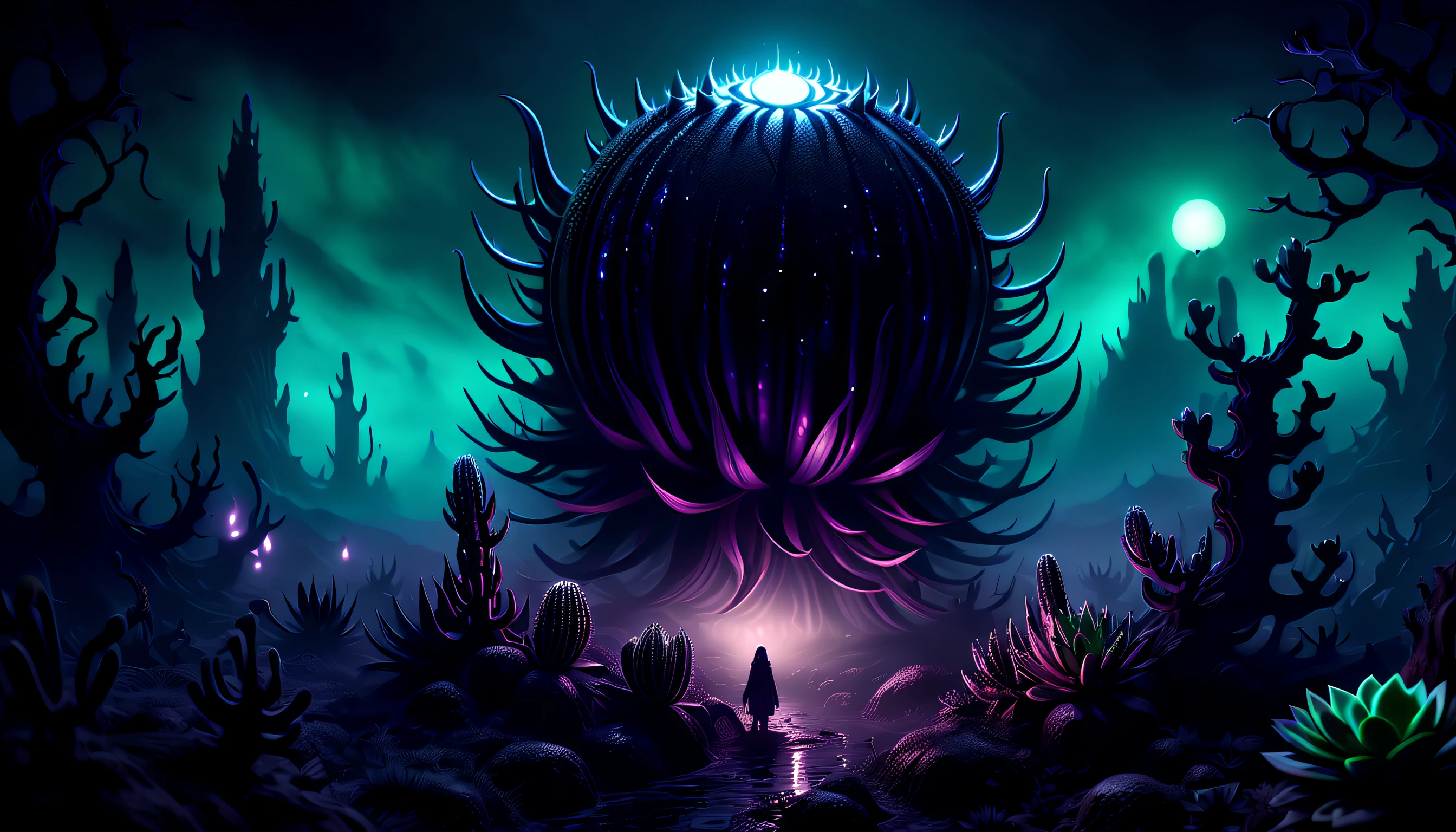 nightmare succulents neon glow garden in the midst of a dark fantasy world, character straight out of a dark fantasy game, shining suspiciously a testament to its fearsome power, mysterious aura of exquisite detail, exudes both terror and awe, surroundings and eerie mist add to the overall atmosphere., rendered in a realistic style, illustration captures the eerie atmosphere of a dimly lit night, around cursed and chaos adding to the sense of dread, visually stunning image, range of stylistic variations and details on the type of render, realistic dark game of ballpoint pen and gel official art, extremely incredibly detailed, intricate insane details.