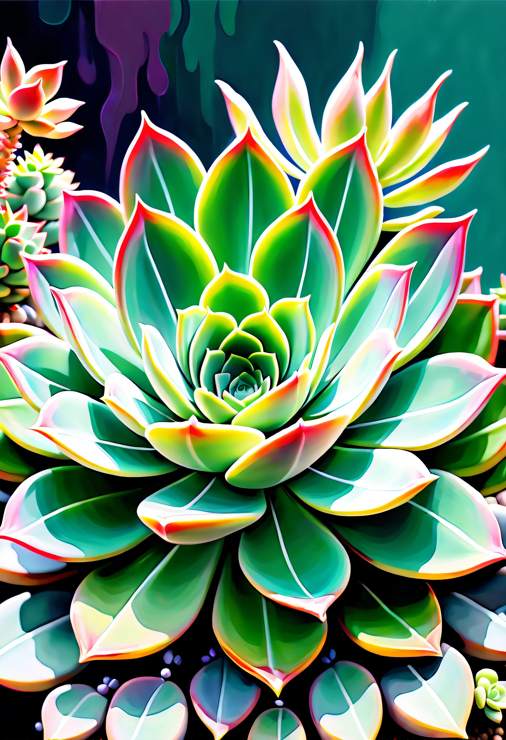 nightmare succulents neon glow garden in the midst of a dark fantasy world, character straight out of a dark fantasy game, shining suspiciously a testament to its fearsome power, mysterious aura of exquisite detail, exudes both terror and awe, surroundings and eerie mist add to the overall atmosphere., rendered in a realistic style, illustration captures the eerie atmosphere of a dimly lit night, around cursed and chaos adding to the sense of dread, visually stunning image, range of stylistic variations and details on the type of render, realistic dark game of ballpoint pen and gel official art, extremely incredibly detailed, intricate insane details.