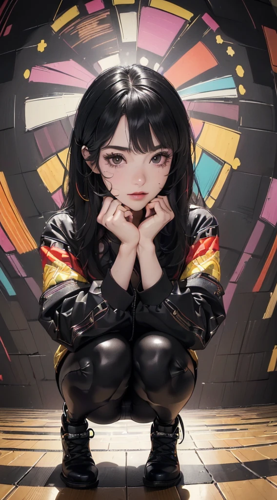 (((8k wallpaper of extremely detailed CG unit:1.2, ​masterpiece, hight resolution:1.2, top-quality:1.2, masutepiece))), ((a very beautiful woman, squatting, Hands in pockets:1.8, Grunge Fashion:1.2, wear a blouson:1.2, Wearing leggings, Wearing shoes)), ((extra detailed face, Highly detailed black eyes, extra detailed body, Top quality real texture skins)), (A dark-haired, length hair, de pele branca), ((colorful geometric pattern wall, surrounded by colorful walls)), (high-angle:1.2, a closeup, Fisheye:1.3), hyper realisitic, digitial painting,