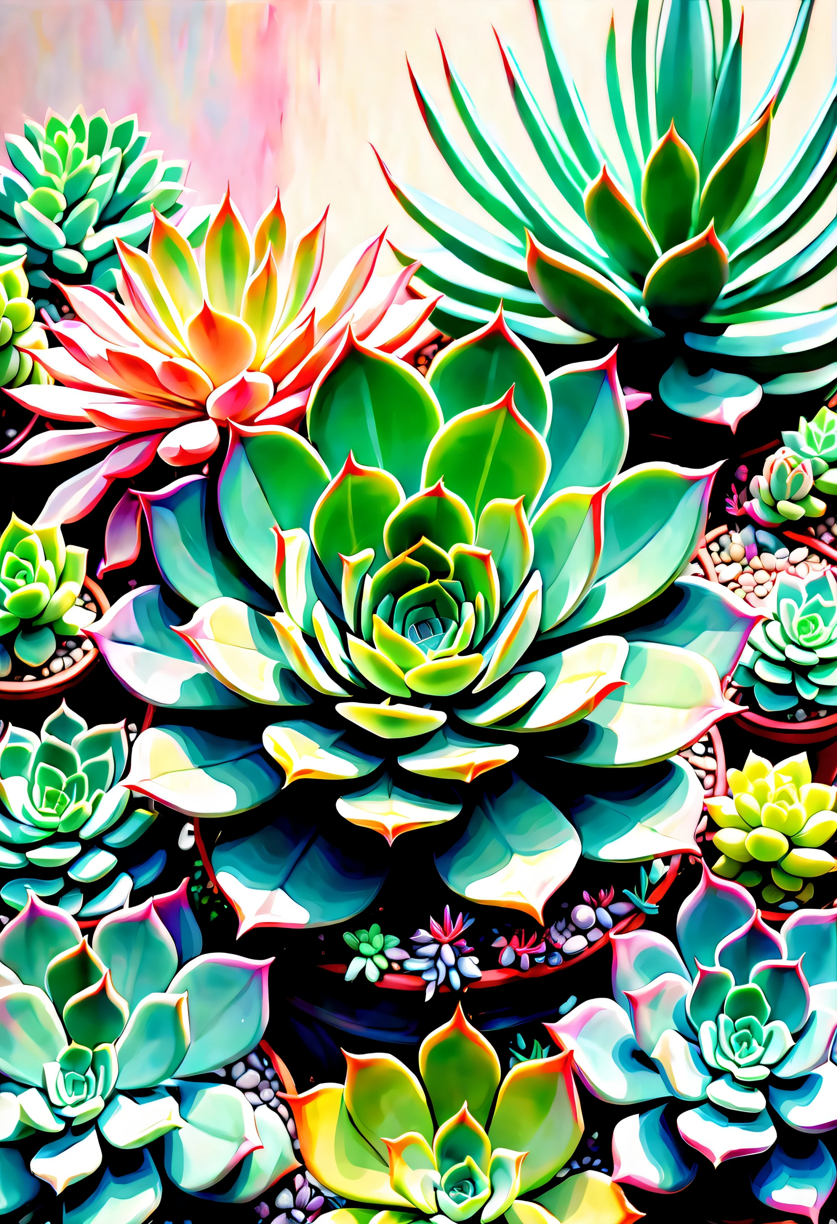 nightmare succulents neon glow garden in the midst of a dark fantasy world, character straight out of a dark fantasy game, shining suspiciously a testament to its fearsome power, mysterious aura of exquisite detail, exudes both terror and awe, surroundings and eerie mist add to the overall atmosphere., rendered in a realistic style, illustration captures the eerie atmosphere of a dimly lit night, around cursed and chaos adding to the sense of dread, visually stunning image, range of stylistic variations and details on the type of render, realistic dark game of ballpoint pen and gel official art, extremely incredibly detailed, intricate insane details.