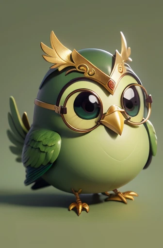 masterpiece, best quality, 1 green bird, cute, small, round body, cute face, Indonesian, glasses, golden armor, simple background, solo