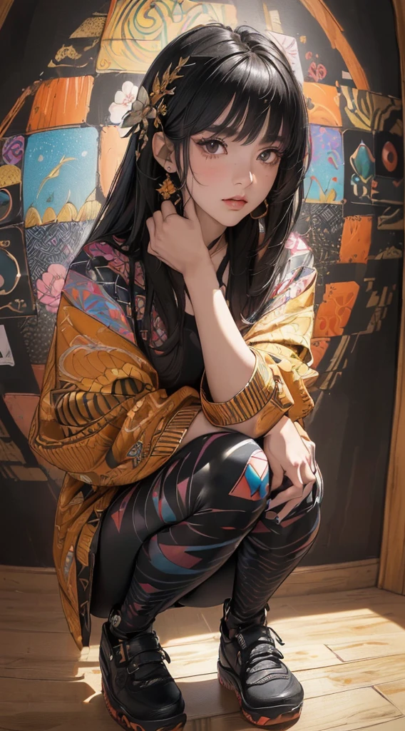 (((8k wallpaper of extremely detailed CG unit:1.2, masterpiece, hight resolution:1.2, top-quality:1.2, masutepiece))), ((a very beautiful woman, Squatting, Hands in pockets:1.8, Grunge Fashion:1.2, wear a blouson:1.2, Wearing leggings, Wearing shoes)), ((extra detailed face, Highly detailed black eyes, extra detailed body, Top quality real texture skins)), (A dark-haired, length hair, de pele branca), ((colorful geometric pattern wall, surrounded by colorful walls)), (high-angle:1.2, a closeup, Fisheye:1.3), hyper realisitic, digitial painting,
