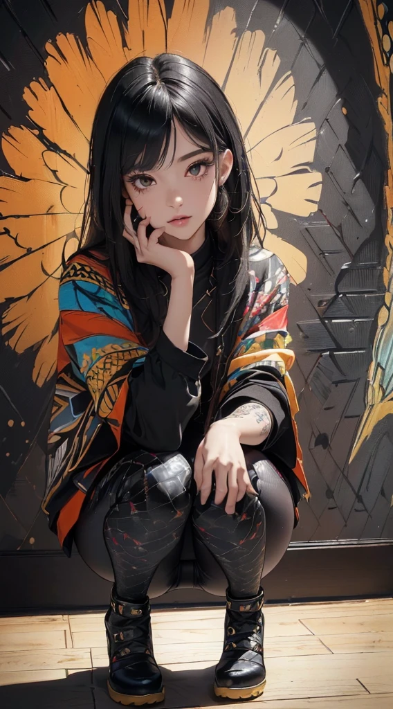 (((8k wallpaper of extremely detailed CG unit:1.2, masterpiece, hight resolution:1.2, top-quality:1.2, masutepiece))), ((a very beautiful woman, Squatting, Hands in pockets:1.8, Grunge Fashion:1.2, wear a blouson:1.2, Wearing leggings, Wearing shoes)), ((extra detailed face, Highly detailed black eyes, extra detailed body, Top quality real texture skins)), (A dark-haired, length hair, de pele branca), ((colorful geometric pattern wall, surrounded by colorful walls)), (high-angle:1.2, a closeup, Fisheye:1.3), hyper realisitic, digitial painting,