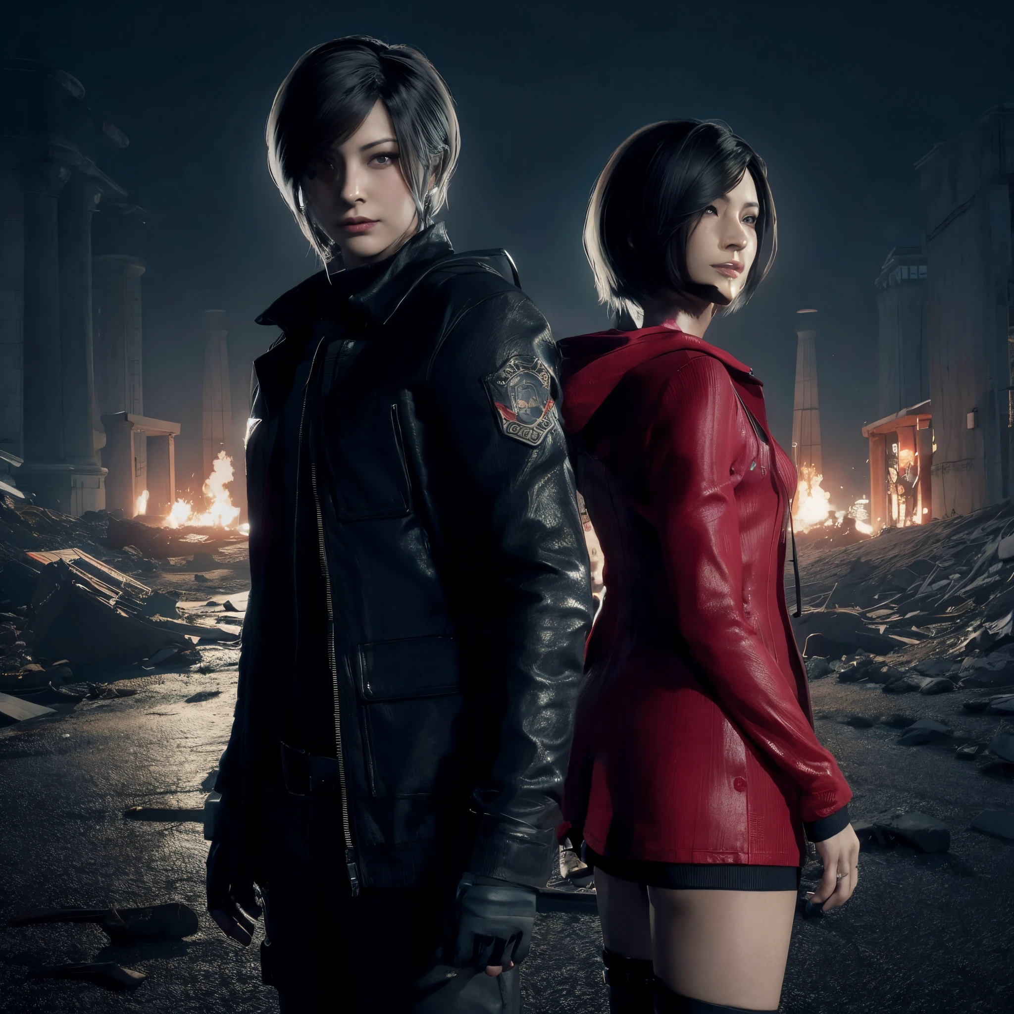 Ada wong ,Woman, wearing red hoody dress, bob hair, red polish, Calm expression, glare