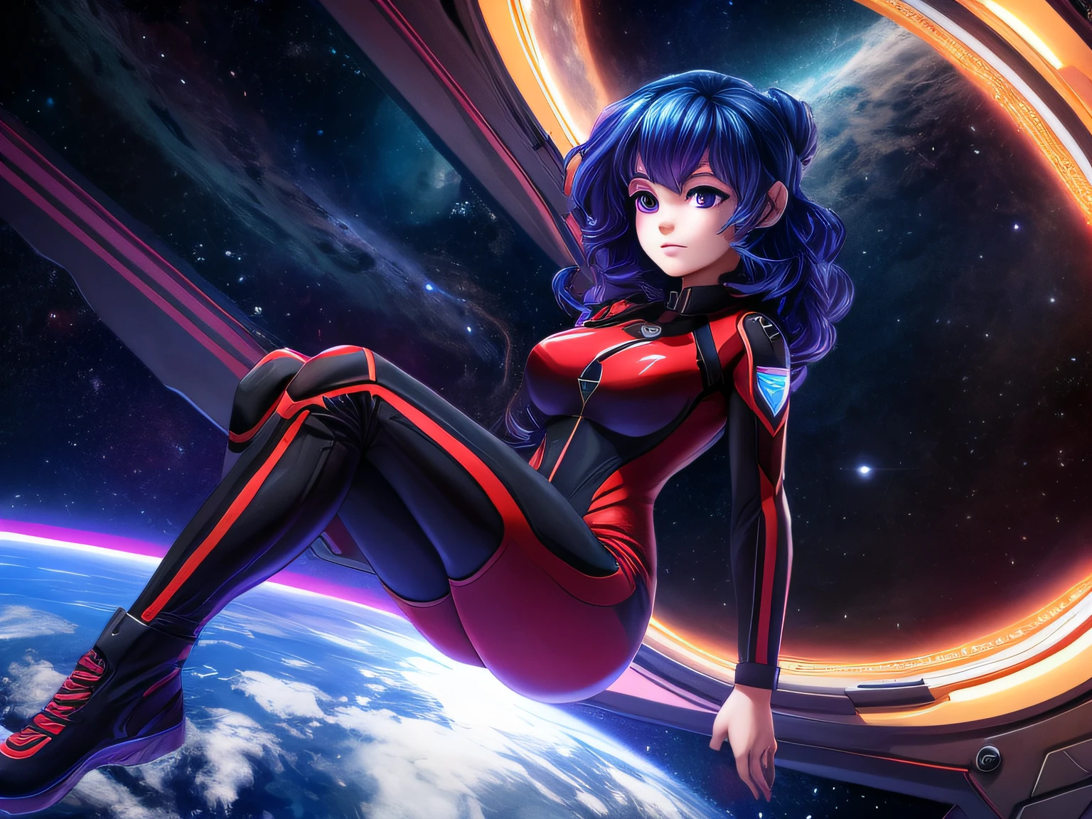 (Masterpiece) (High Detail) (High Res) A short Humanoid Girl with Long Wavy Dark Purple and Navy Blue hair and Purple eyes and average breasts is floating in space wearing a red and black space suit.