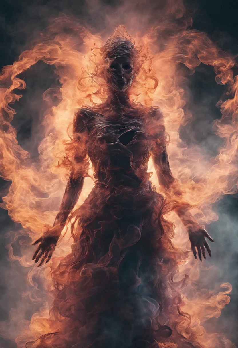 3d render smoke swirling horror female demon Ghost dripping plasma, disintegrating, ghost in swirling motion, transparent swirling stringy smoke, graveyard background, ultra detailed, horrorcore, hyperrealistic 8k photo realistic sharp detail (full view) centered in darkness, perfect hands