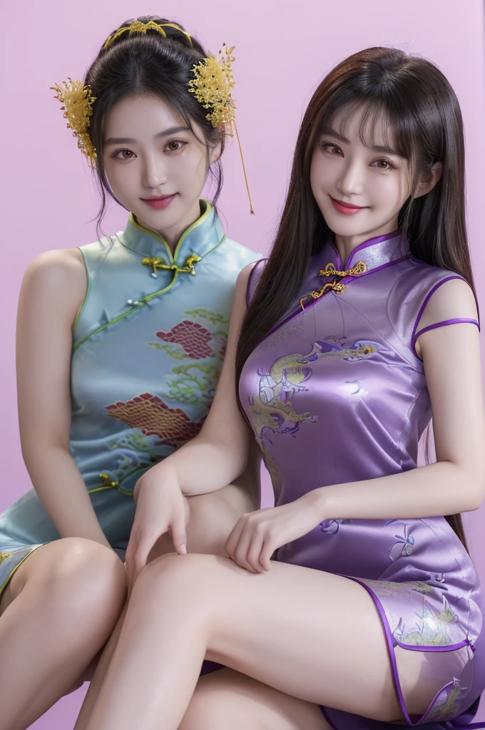 (Super Best Quality、超高分辨率、8k、masterpiece:1.3)、Beautiful Women in Perfect Figure:1.4、、brunette color hair、((Purple cheongsam))、(((((without background))))、kawaii、extremely detailed face and skin、Detailed eyes、二重まぶた、lean legs、The best smile、(((1One guy)))、((The whole body is in the audience))、The best smile、phenomenal beauty、Age is16years old、facing the front there、proporções perfeitas、(Dragon pattern cheongsam)、Widen the slit、hairlength、Long seams、pantiess