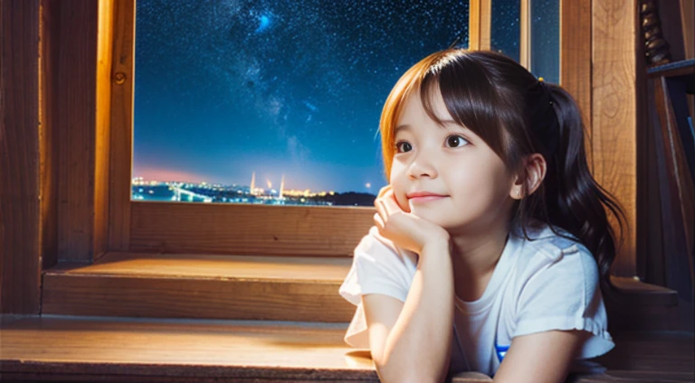 dreamy girl: A little girl looking at the starry sky by the window。her expression is dreamy、her eyes are shining。The night sky and stars are drawn in the background.。