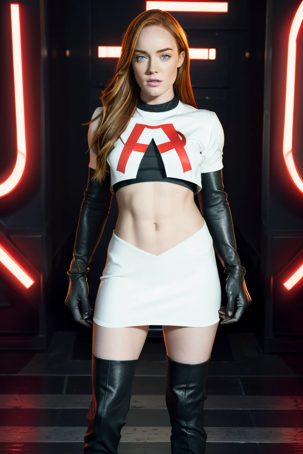 face of Caity Lotz, 1girl,team rocket,team rocket uniform, red letter R, white skirt,white crop top,black thigh-highs,black elbow gloves