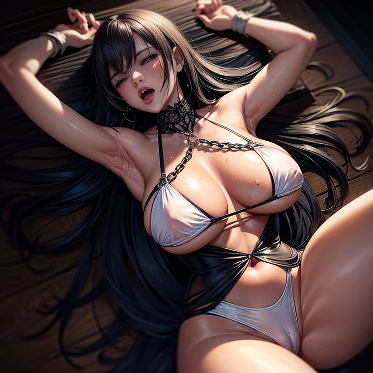 tmasterpiece, high high quality, A high resolution, Alone, Girl with black hair （dual horsetail） (Colossal tits, Camel toe is very obvious, The nipple contour is pronounced, Wet white bikini, Wet, pubes) 浴室， unkempt, cosmetics, to express happiness, keen vision, lie, from the above,（(legs are open)） Both thighs thick, open your mouth and scream, The head is tilted back, opening eyes, Pretend to sleep, shaggy, Heavy breathing, expression of anguish, Reddening cheeks, staging，blacksilk，Chains tied around the wrists，Hang up