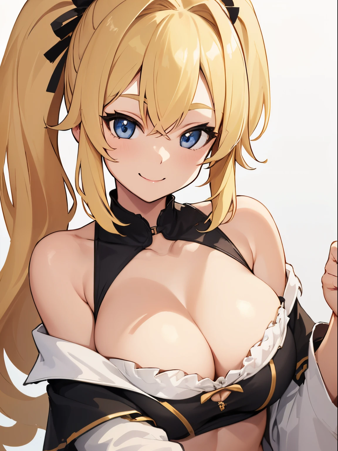 (Best quality:1.3), Blonde hair double ponytail, Large breasts, off-the-shoulder shirts, LOP, Smiling, (Perspectives, closeup cleavage)