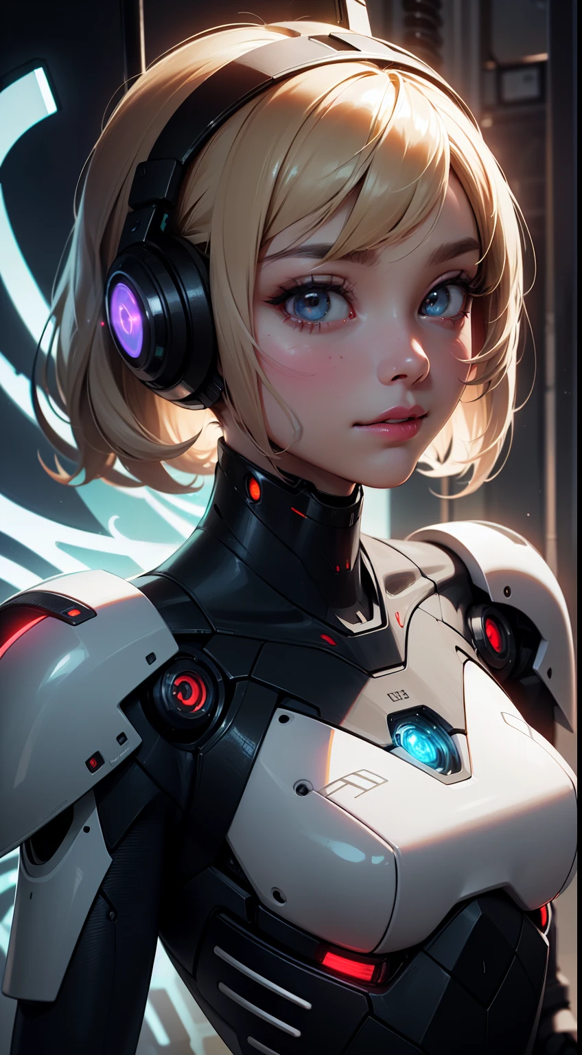 ((masterpiece)), best quality, 8k, high quality, high resolution, super detailed, ultra detailed, photorealistic, beautiful and finely detailed face and eyes, ultra detailed and detailed skin texture, expressive eyes, perfect face, 1 girl, chrome-plated hair, (android design), glowing amber eyes, modular robotic limbs, circuitry-patterned attire, (energy core), translucent cyber wings, floating in a futuristic laboratory, contemplative expression, ((mechanical smile)), day, advanced research facility, holographic interfaces, cutting-edge technology, (humming machinery), (soft beeping), since creation, Seraph, mechanical eyes, "Ex Machina" inspired background.