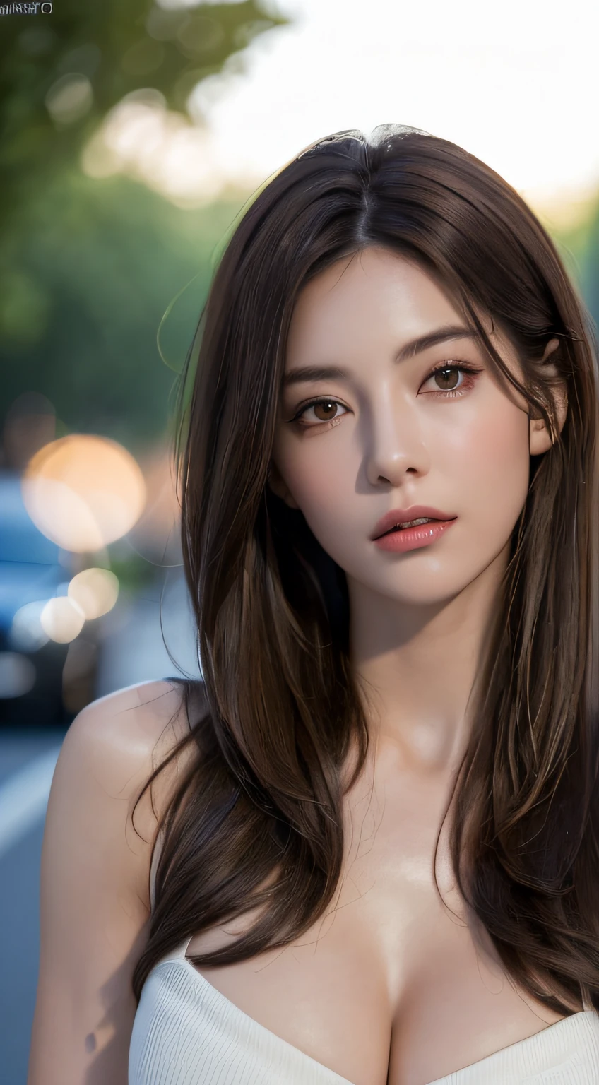 ((Realistic lighting, top quality, 8K, Masterpiece: 1.3)), Clear Focus: 1.2, 1 girl, Perfect Body Beauty: 1.4, Slim Abs: 1.1, ((Dark Brown Hair, Big: 1.3)), (Accelerate: 1.4), (Outdoor, Night: 1.1), Street, Ultra Slender Face, Fine Eyes, Double Eyelids, Exposed Cleavage, Incredibly Absurd, Messy Hair, Floating Hair,