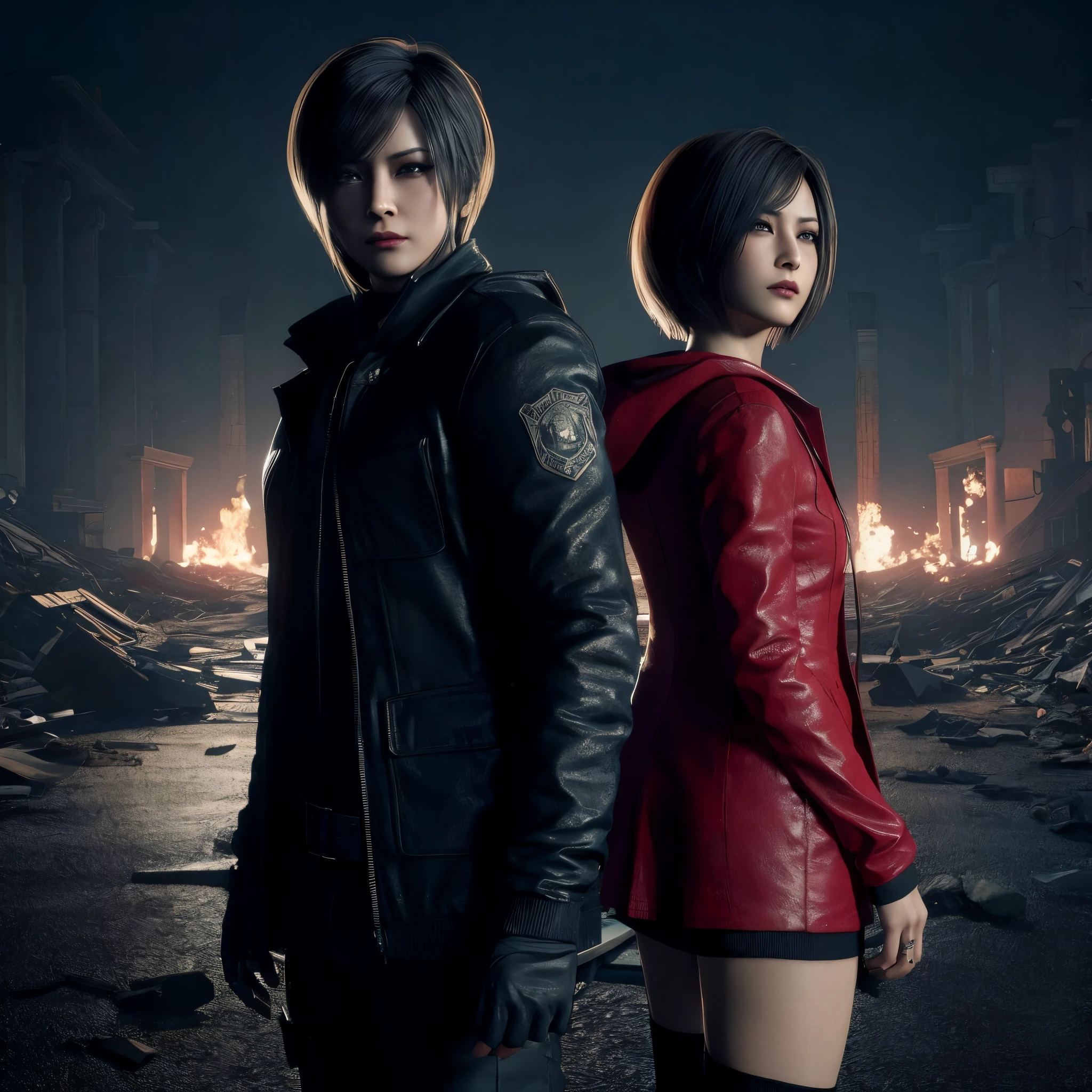 Ada wong ,Woman, wearing red hoody dress, bob hair, red polish, Calm expression, glare