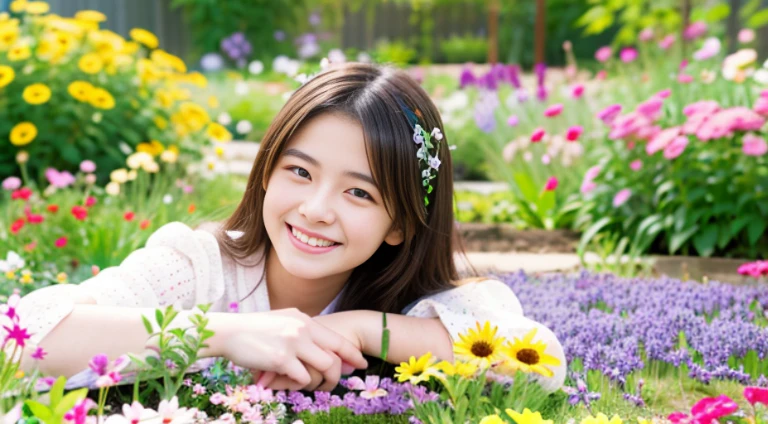 girl in spring flower garden: Portrait of a girl playing in a spring flower garden。she is surrounded by colorful flowers、Smiling happily。vivid flowers々decorate her surroundings。