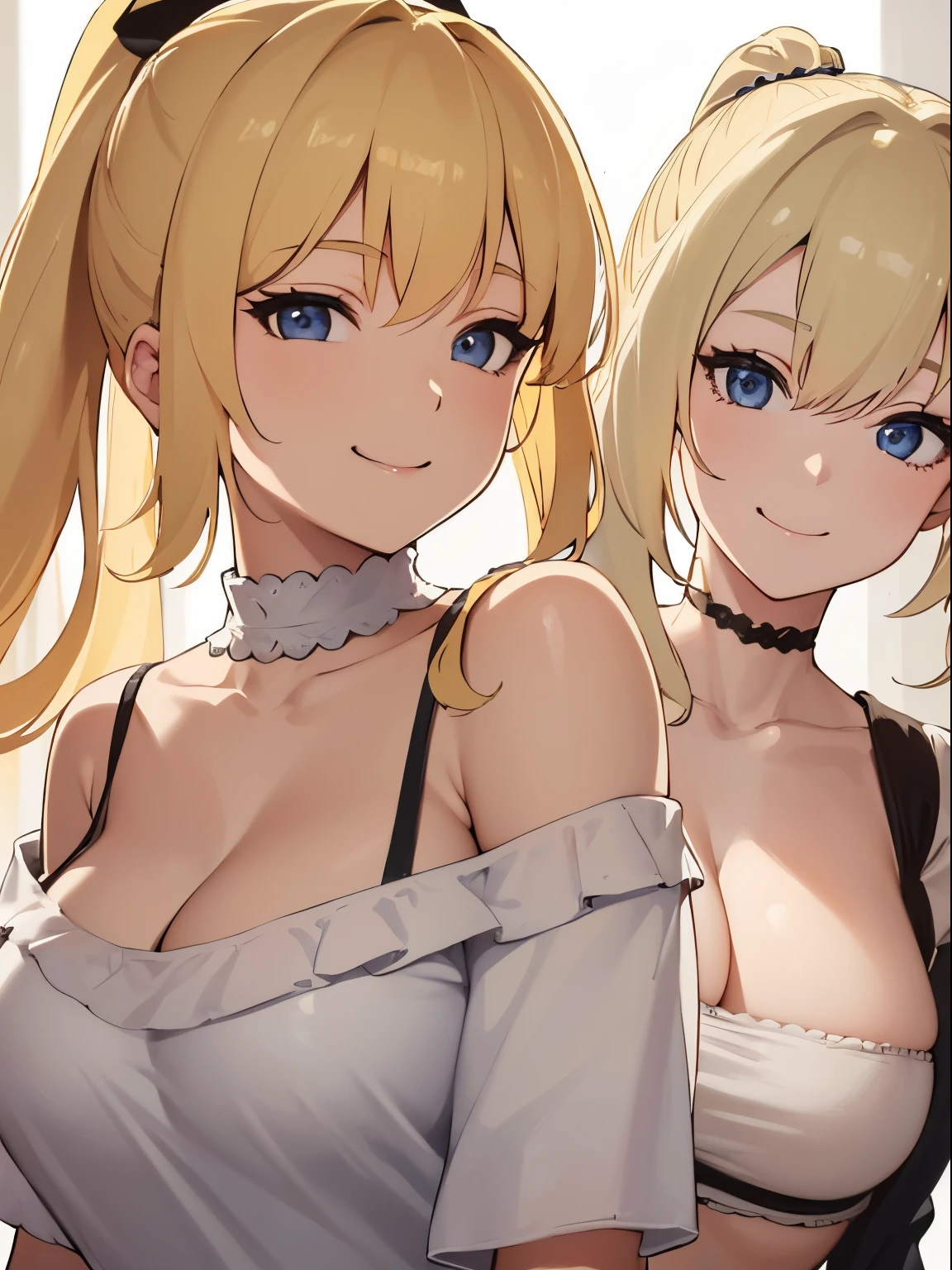 (Best quality:1.3), Blonde hair double ponytail, Large breasts, off-the-shoulder shirts, LOP, Smiling, (Perspectives, closeup cleavage)