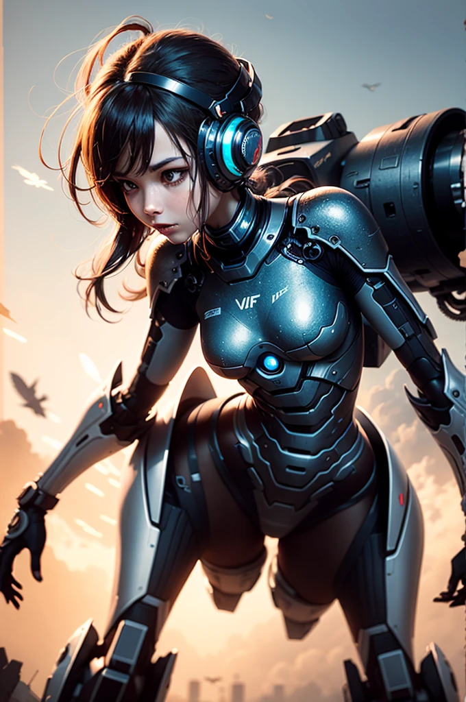 Lively, Imaginative image of a girl in a mech suit, Fly gracefully across the battlefield of the future. girl's liveliness, Bright color schemes contrast with muted ones, Mechanical aesthetics of the suit. The bright colors and intricate details of the suit、It contrasts beautifully with the smooth, Mecha futuristic design. A wide-angle lens is used for the background, Emphasize the dynamic nature of the scene. Wide aperture, nffsw, telephoto lens