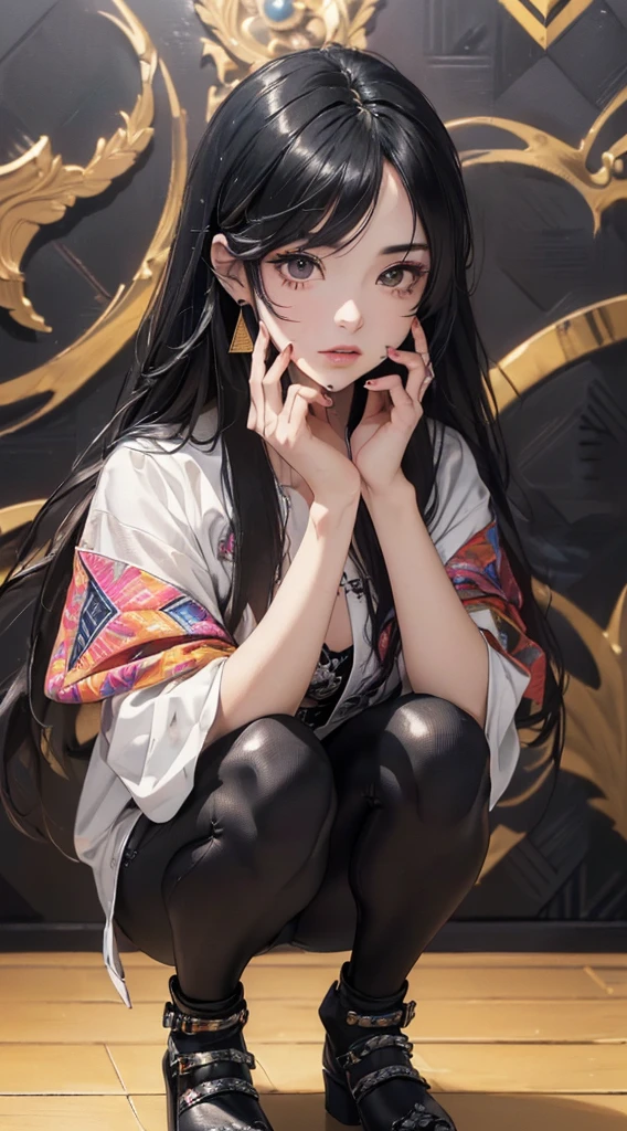 (((8k wallpaper of extremely detailed CG unit:1.2, masterpiece, hight resolution:1.2, top-quality:1.2, masutepiece))), ((a very beautiful woman, Hands in pockets:1.8, Grunge Fashion:1.2, wear a blouson:1.2, Wearing leggings, Wearing shoes, Squatting)), ((extra detailed face, Highly detailed black eyes, Highly detailed hands, extra detailed body, Top quality real texture skins)), (A dark-haired, length hair, de pele branca), ((colorful geometric pattern wall, surrounded by colorful walls)), (high-angle:1.2, a closeup), hyper realisitic, digitial painting,