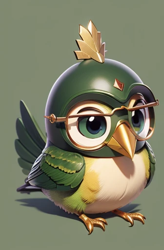 masterpiece, best quality, 1 green bird, cute, small, round body, cute face, Indonesian, glasses, golden armor, simple background, solo