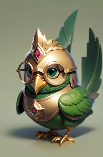 masterpiece, best quality, 1 green bird, cute, small, round body, cute face, Indonesian, glasses, golden armor, simple background, solo