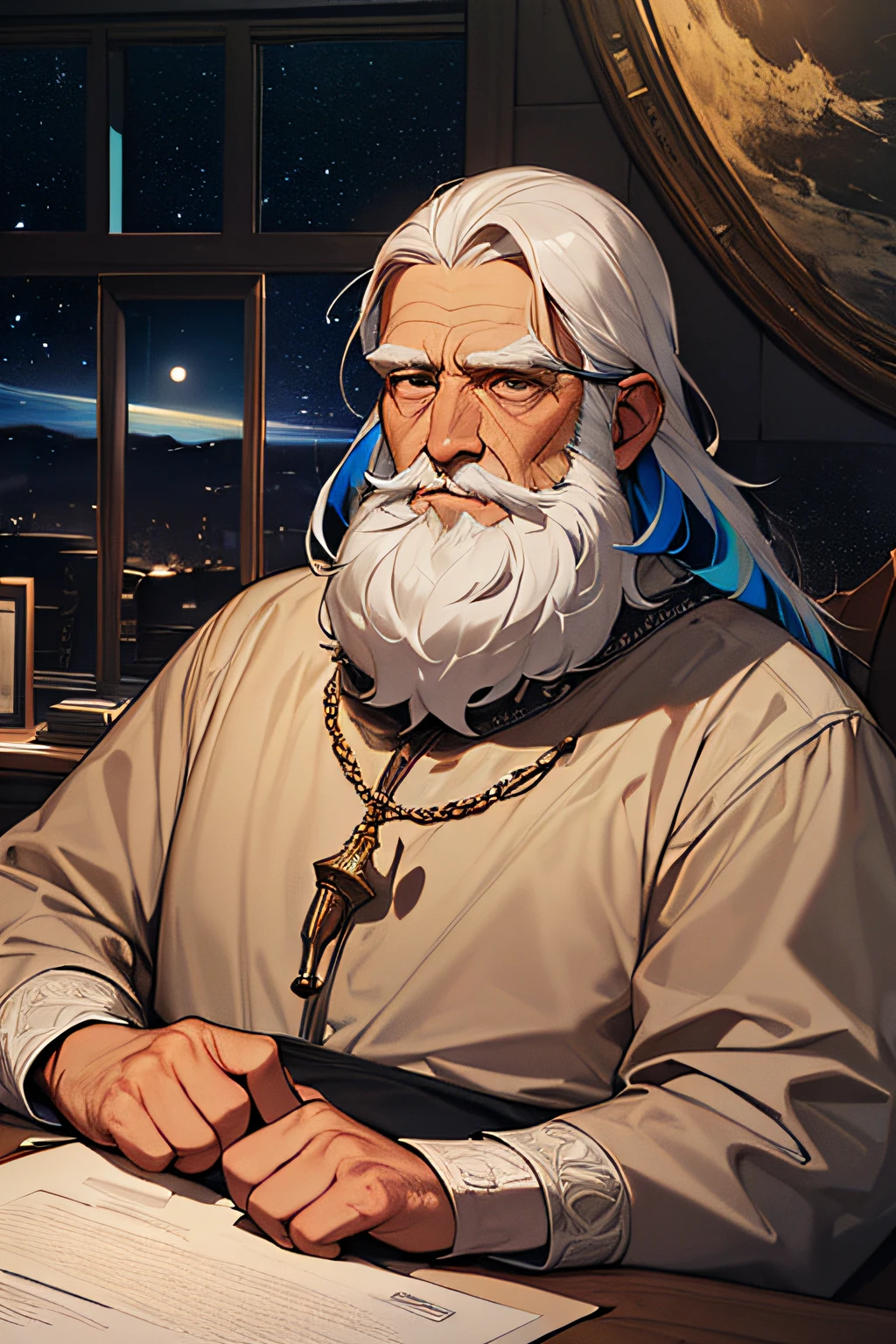 (8k, HD, best quality, absurdres, intricate details, colorful, masterpiece: 1.2) portrait of old wizard man with grey beard sitting in an office, telescope in background, office background, medieval setting, starry night sky background, comet in sky