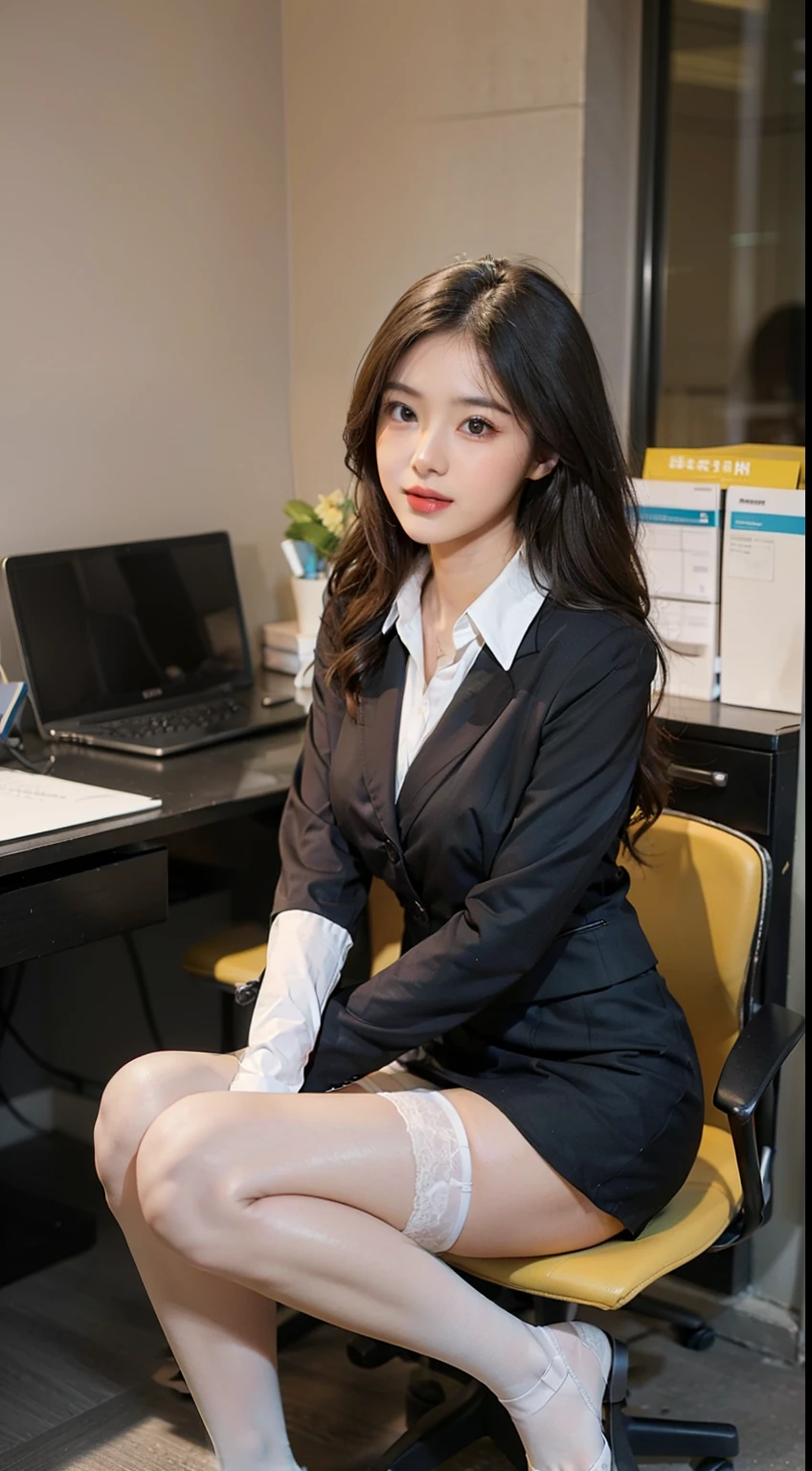 Best quality, Full body like,delicated face,Nice face,25-year-old woman,Slim figure,Smaller bust,office lady uniform,office attire,White stockings,exterior,Sit Pose,yellow long hair