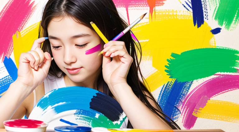 girl drawing: A scene in which a girl is painting on a canvas using paints and brushes。Her face and hands are covered in colorful paint.、she is full of creativity。