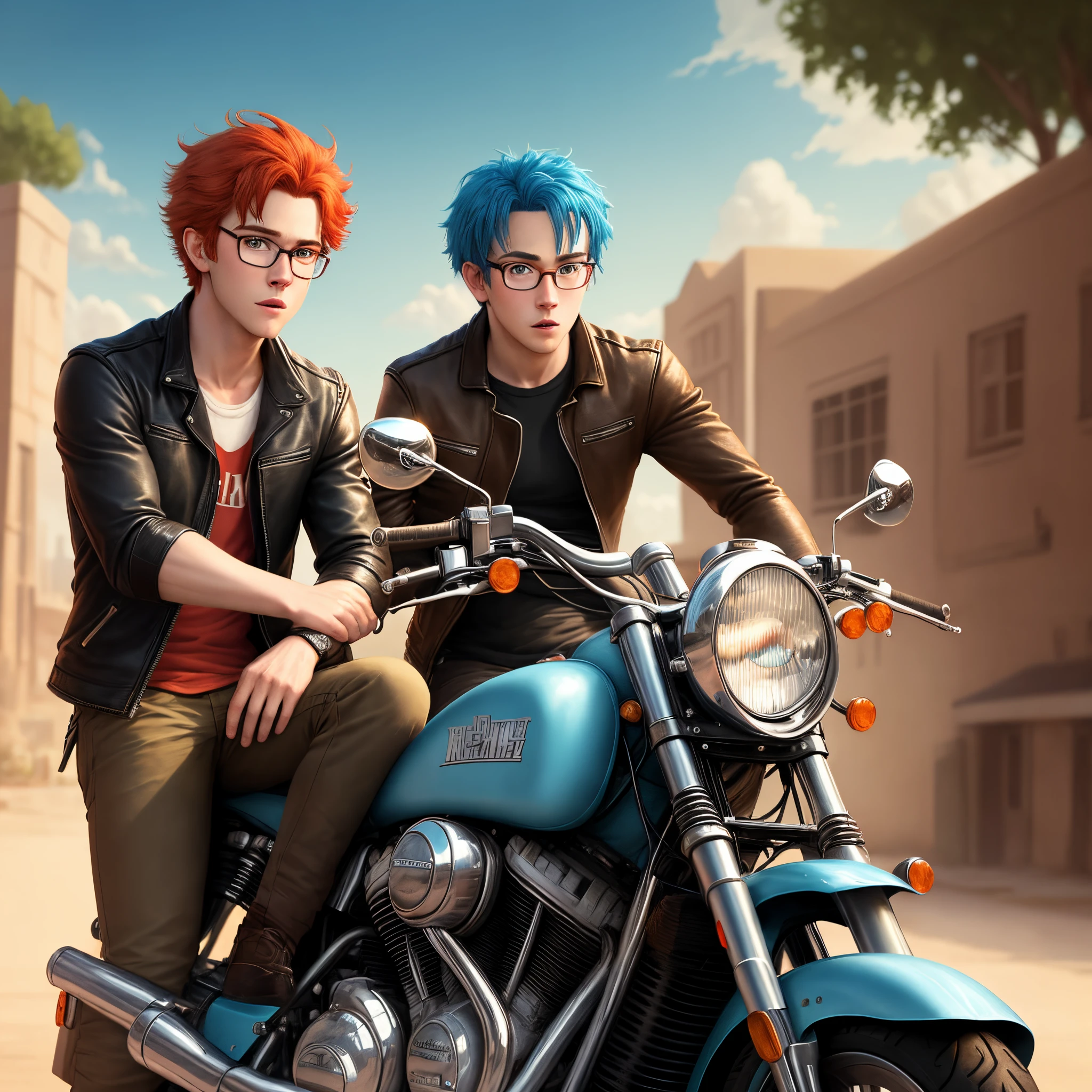 Pixar movie poster. Young red haired man with his blue haired boyfriend with glasses an their motorcycles