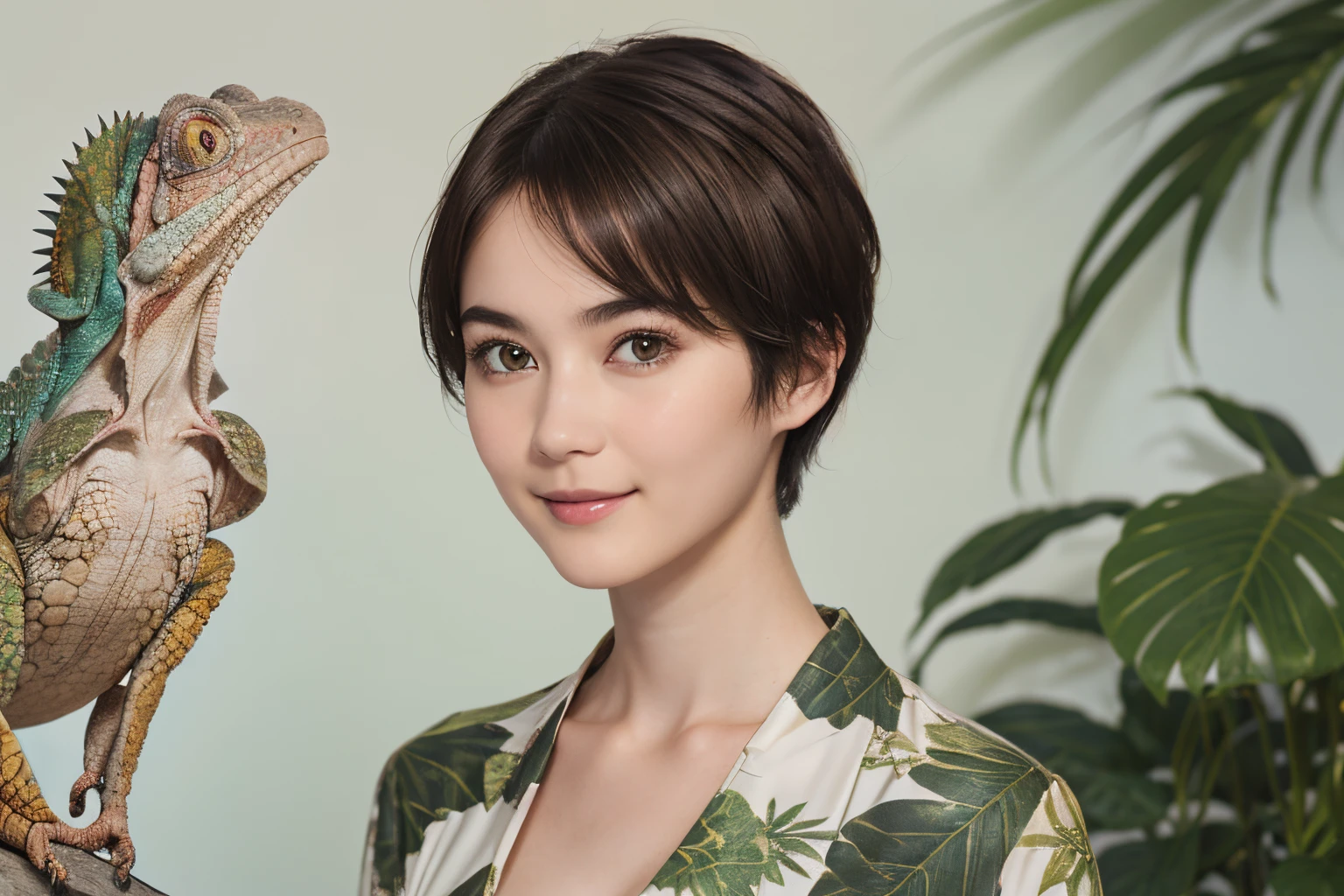 112
(a 20 yo woman,is standing), (A hyper-realistic), (high-level image quality), ((beautiful hairstyle 46)), ((short-hair)), (Gentle smile), (breasted:1.1), (wildlife print clothing), (There is a chameleon)