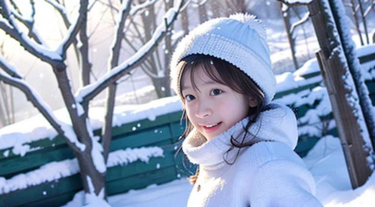 winter snow play: A scene in which a girl wearing winter clothes is playing in the snow。she made a snowman、jumping in the snow。Snow-covered trees in the background々are depicted。